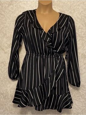 Express Black with White Stripes Faux Wrap Ruffle Dress